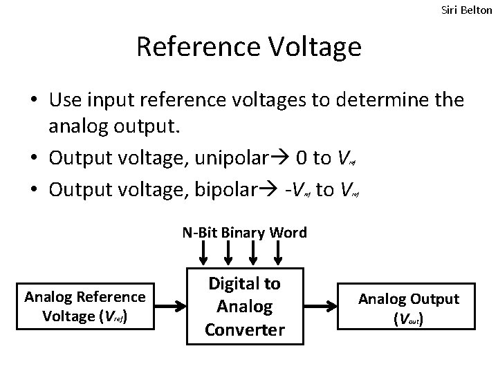 Siri Belton Reference Voltage • Use input reference voltages to determine the analog output. Siri Belton Reference Voltage • Use input reference voltages to determine the analog output.