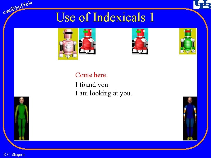 fa buf @ cse lo Use of Indexicals 1 Come here. I found you.