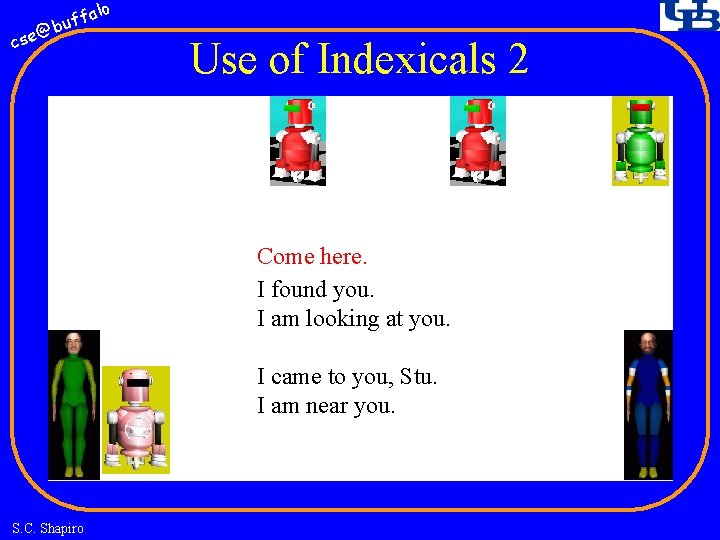 fa buf @ cse lo Use of Indexicals 2 Come here. I found you.