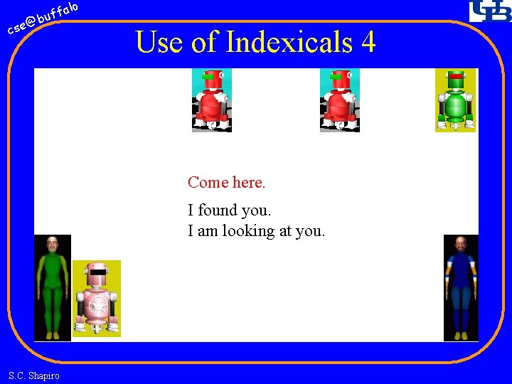 fa buf @ cse lo Use of Indexicals 4 Come here. I found you.