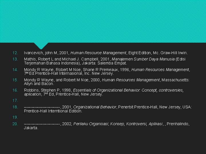 12. Ivancevich, john M, 2001, Human Resource Management, Eight Edition, Mc. Graw-Hill Irwin. 13.