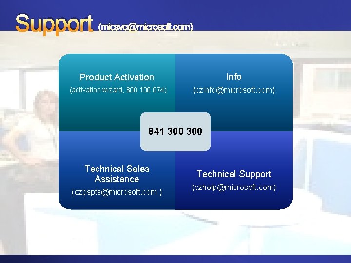 Support (micsvo@microsoft. com) Product Activation Info (activation wizard, 800 100 074) (czinfo@microsoft. com) 841