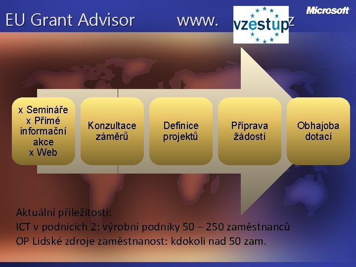 EU Grant Advisor x Semináře x Přímé informační akce x Web Konzultace záměrů www.