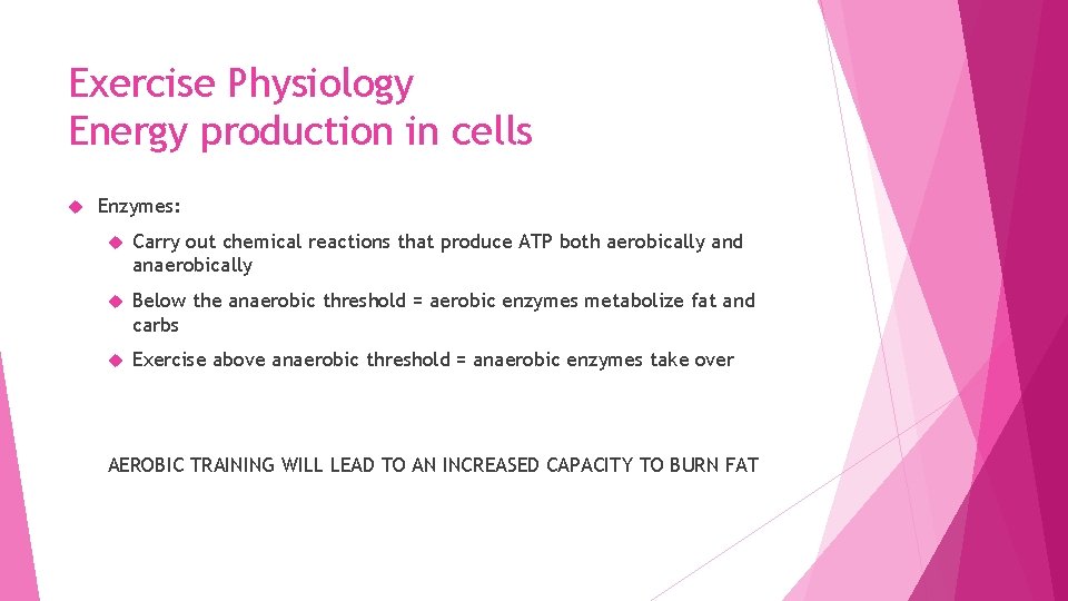 Exercise Physiology Energy production in cells Enzymes: Carry out chemical reactions that produce ATP