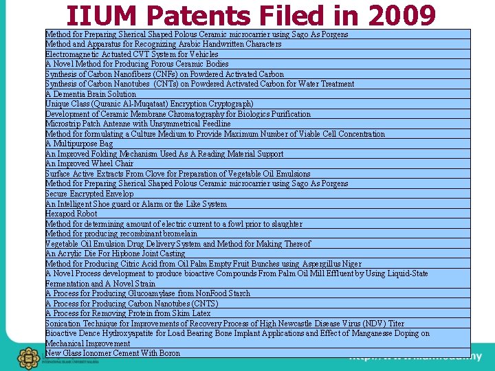 IIUM Patents Filed in 2009 Method for Preparing Sherical Shaped Polous Ceramic microcarrier using