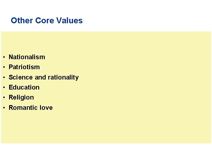 Other Core Values • Nationalism • Patriotism • Science and rationality • Education •