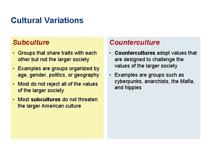 Cultural Variations Subculture Counterculture • Groups that share traits with each other but not