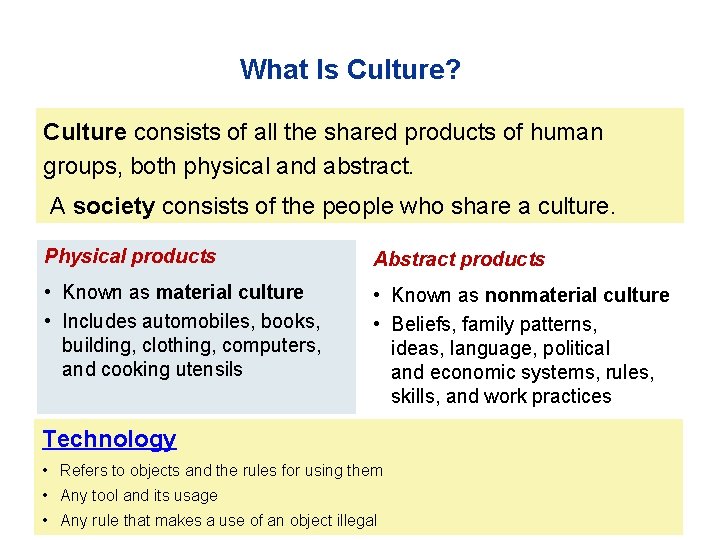 What Is Culture? Culture consists of all the shared products of human groups, both
