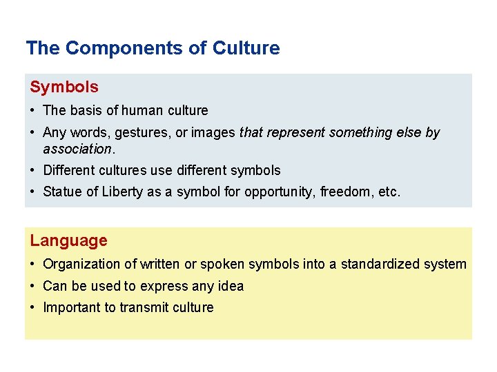 The Components of Culture Symbols • The basis of human culture • Any words,