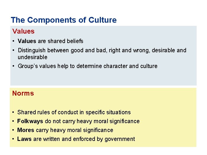 The Components of Culture Values • Values are shared beliefs • Distinguish between good