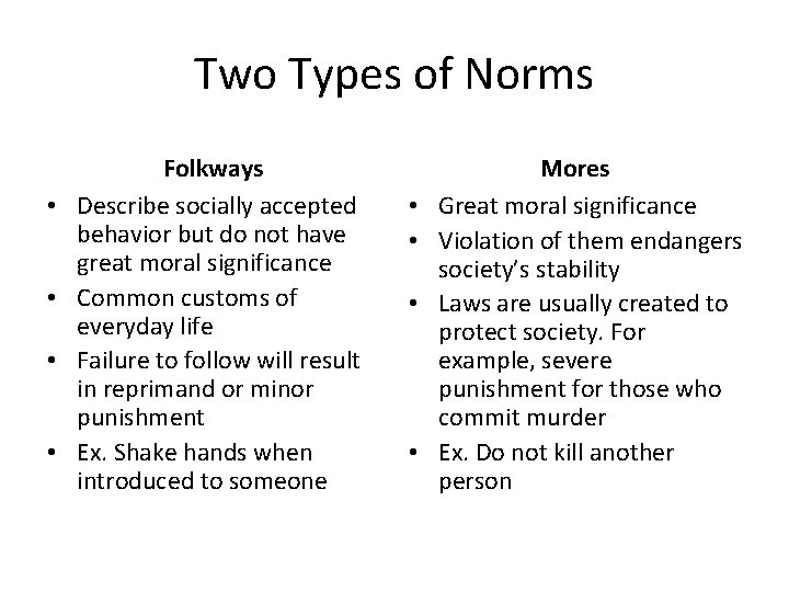 Two Types of Norms • • Folkways Describe socially accepted behavior but do not