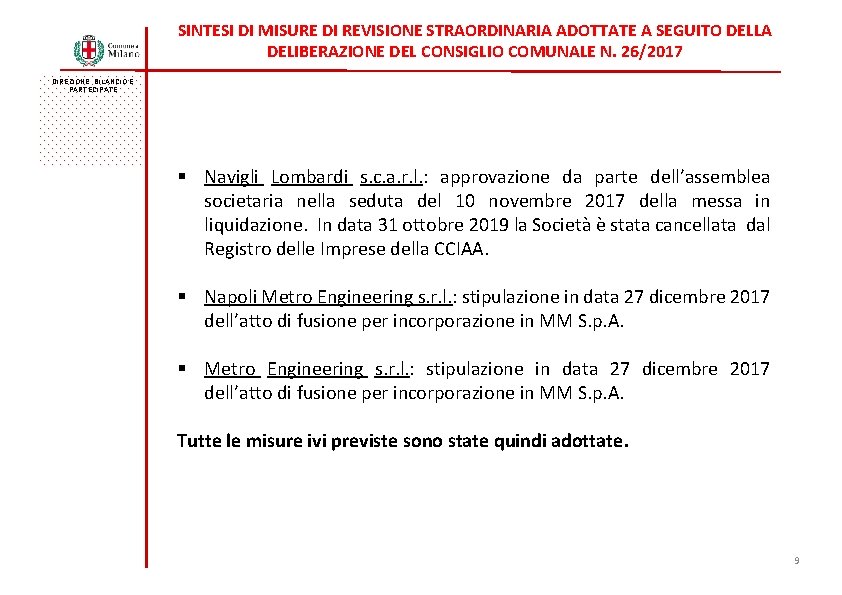 SINTESI DI MISURE DI REVISIONE STRAORDINARIA ADOTTATE A SEGUITO DELLA DELIBERAZIONE DEL CONSIGLIO COMUNALE