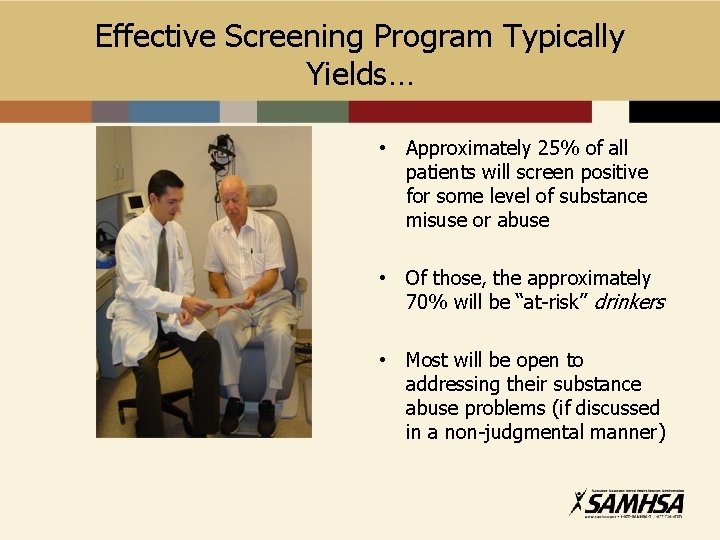 Effective Screening Program Typically Yields… • Approximately 25% of all patients will screen positive