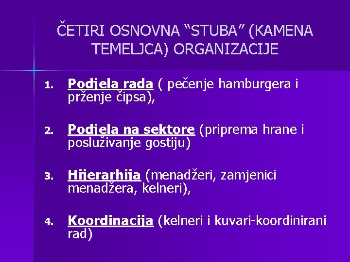 ČETIRI OSNOVNA “STUBA” (KAMENA TEMELJCA) ORGANIZACIJE 1. Podjela rada ( pečenje hamburgera i prženje