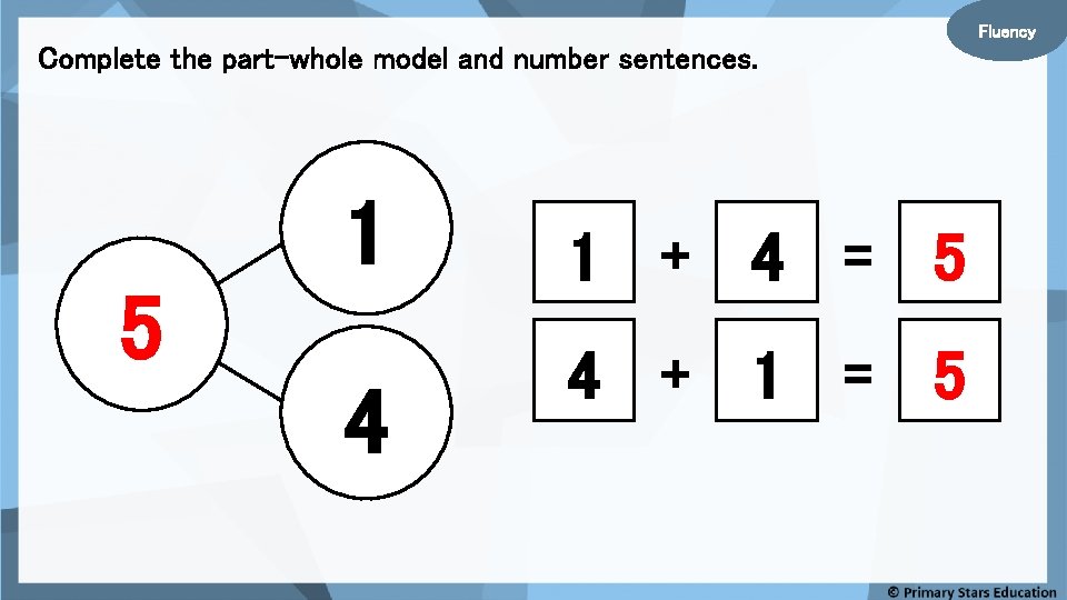 Fluency Complete the part-whole model and number sentences. 1 5 4 1 + 4