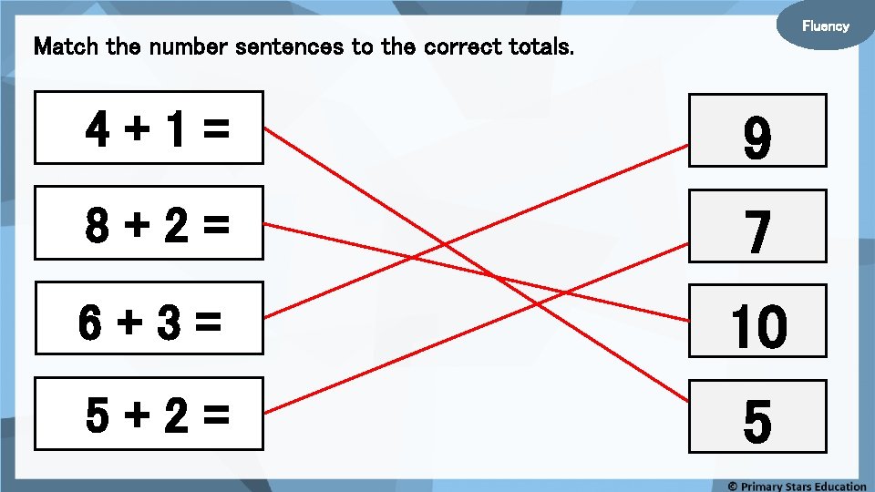 Fluency Match the number sentences to the correct totals. 4+1= 9 8+2= 7 6+3=