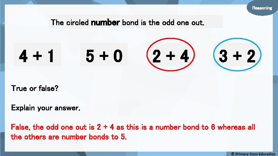 Reasoning The circled number bond is the odd one out. 4+1 5+0 2+4 3+2