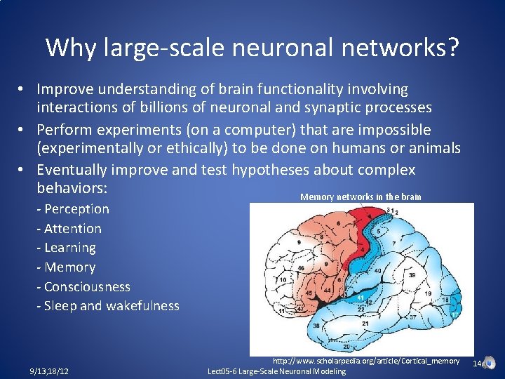 Why large-scale neuronal networks? • Improve understanding of brain functionality involving interactions of billions