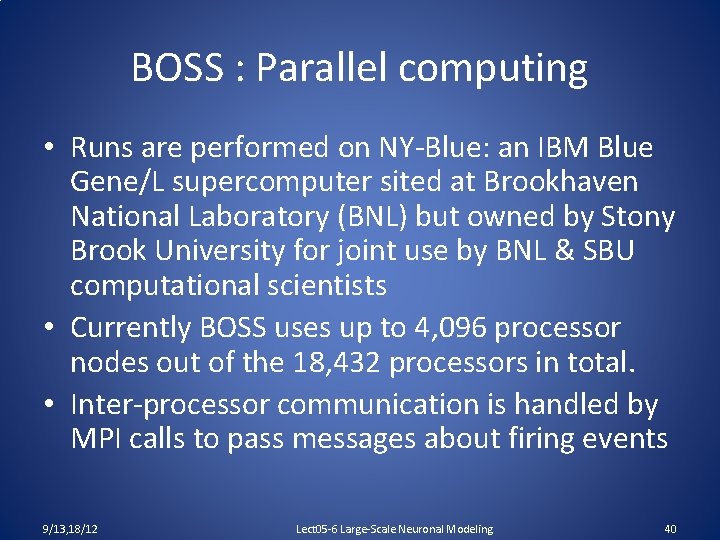 BOSS : Parallel computing • Runs are performed on NY-Blue: an IBM Blue Gene/L