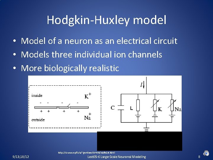Hodgkin-Huxley model • Model of a neuron as an electrical circuit • Models three