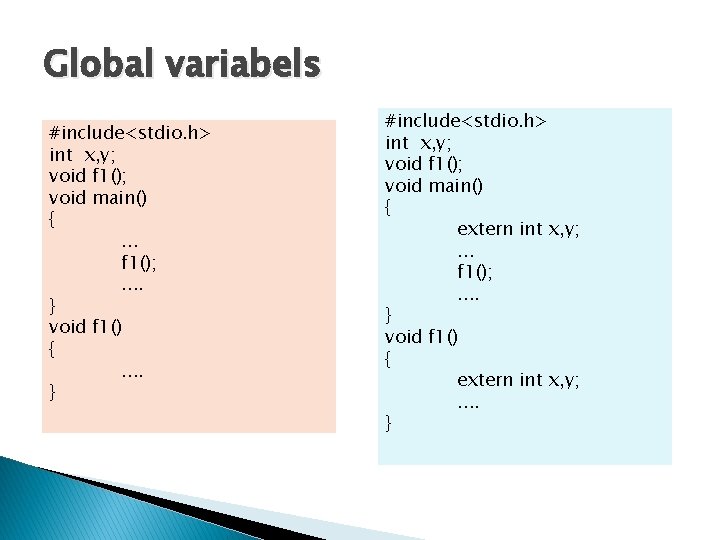 Global variabels #include<stdio. h> int x, y; void f 1(); void main() {. . Global variabels #include<stdio. h> int x, y; void f 1(); void main() {. .