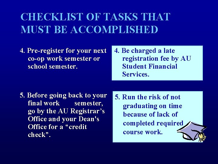 CHECKLIST OF TASKS THAT MUST BE ACCOMPLISHED 4. Pre-register for your next 4. Be