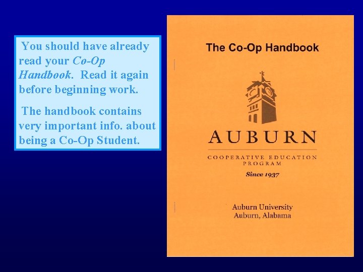 You should have already read your Co-Op Handbook. Read it again before beginning work.
