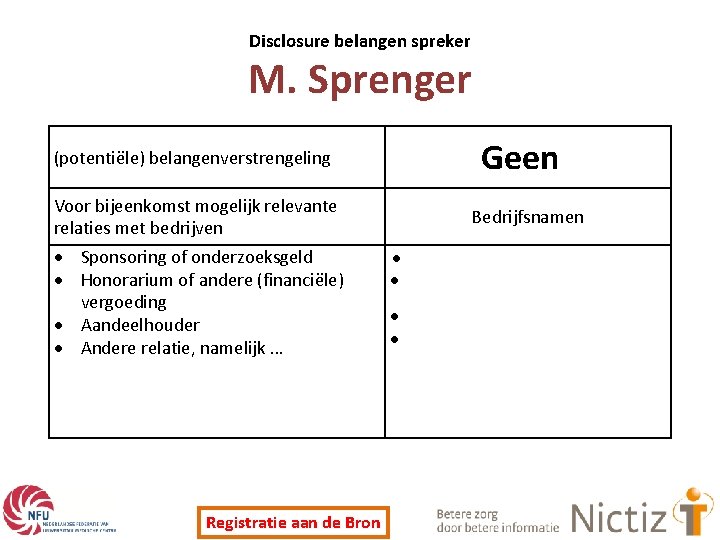 Disclosure belangen spreker M. Sprenger Geen (potentiële) belangenverstrengeling Voor bijeenkomst mogelijk relevante relaties met