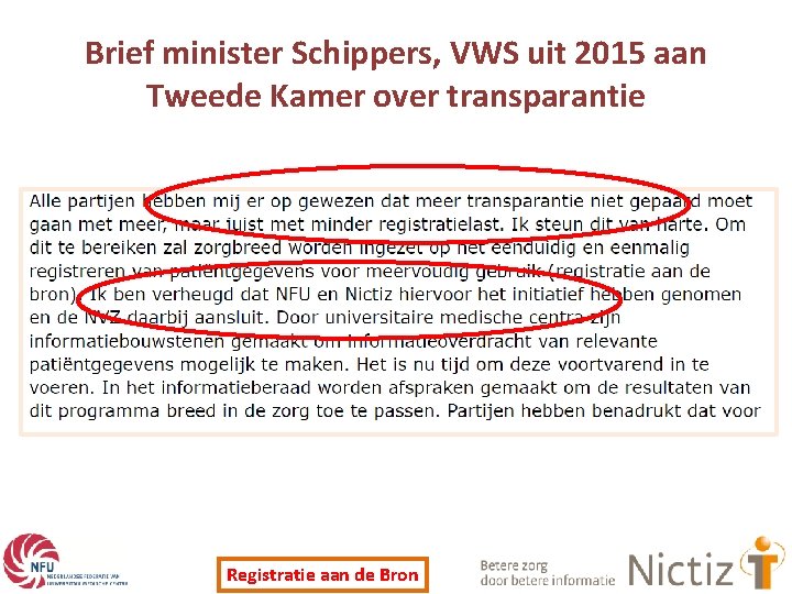 Brief minister Schippers, VWS uit 2015 aan Tweede Kamer over transparantie Registratie aan de