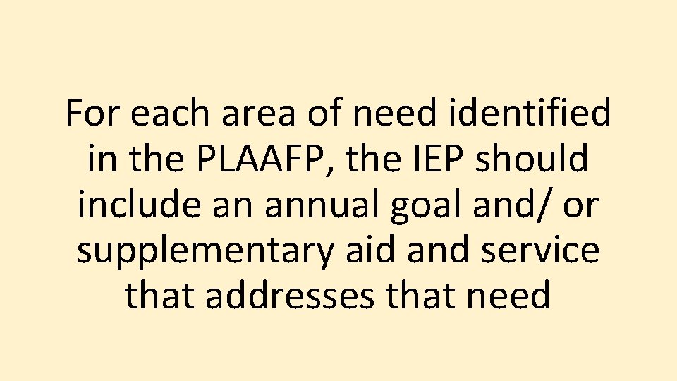 For each area of need identified in the PLAAFP, the IEP should include an