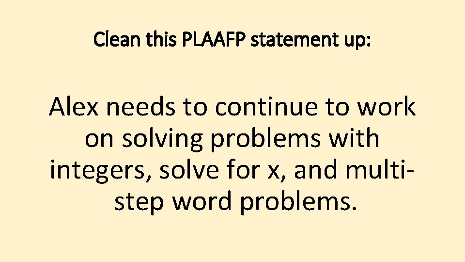 Clean this PLAAFP statement up: Alex needs to continue to work on solving problems