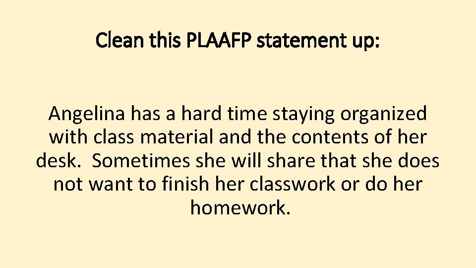 Clean this PLAAFP statement up: Angelina has a hard time staying organized with class