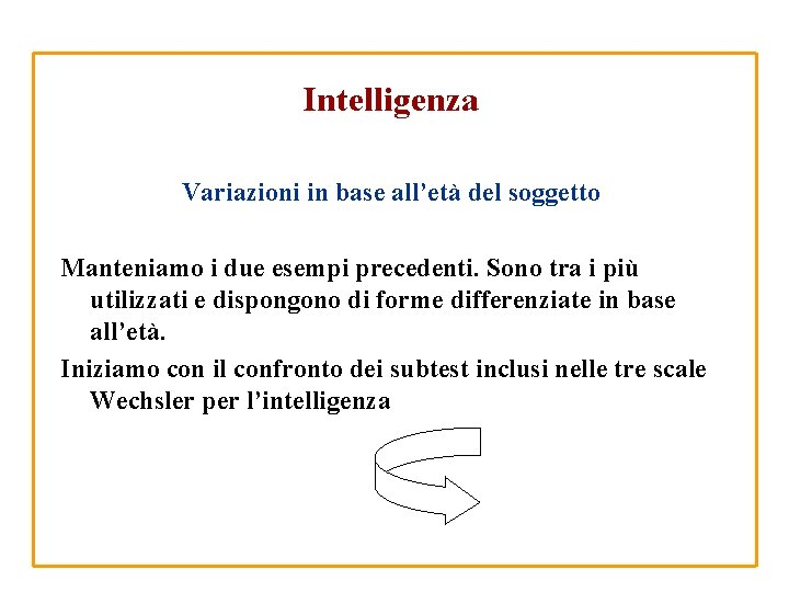 Intelligenza Variazioni in base all’età del soggetto Manteniamo i due esempi precedenti. Sono tra