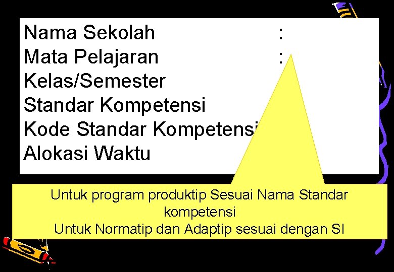 Nama Sekolah Mata Pelajaran Kelas/Semester Standar Kompetensi Kode Standar Kompetensi Alokasi Waktu : :