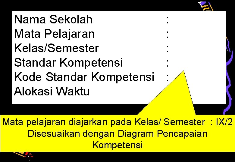 Nama Sekolah Mata Pelajaran Kelas/Semester Standar Kompetensi Kode Standar Kompetensi Alokasi Waktu : :