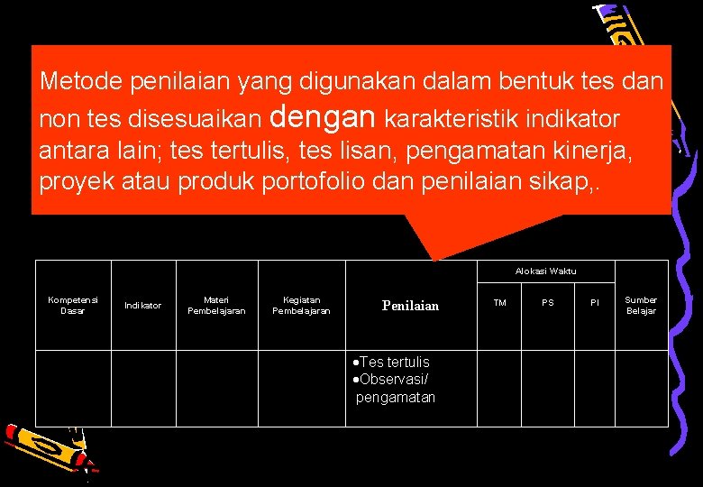 Metode penilaian yang digunakan dalam bentuk tes dan non tes disesuaikan dengan karakteristik indikator