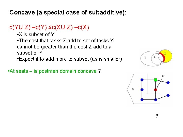 Concave (a special case of subadditive): c(YU Z) –c(Y) ≤c(XU Z) –c(X) • X