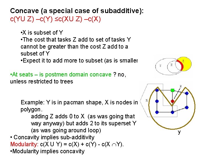 Concave (a special case of subadditive): c(YU Z) –c(Y) ≤c(XU Z) –c(X) • X