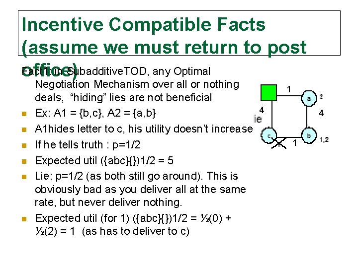 Incentive Compatible Facts (assume we must return to post Fact 1: in Subadditive. TOD,