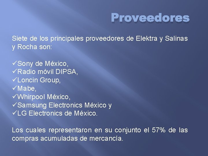 Proveedores Siete de los principales proveedores de Elektra y Salinas y Rocha son: üSony