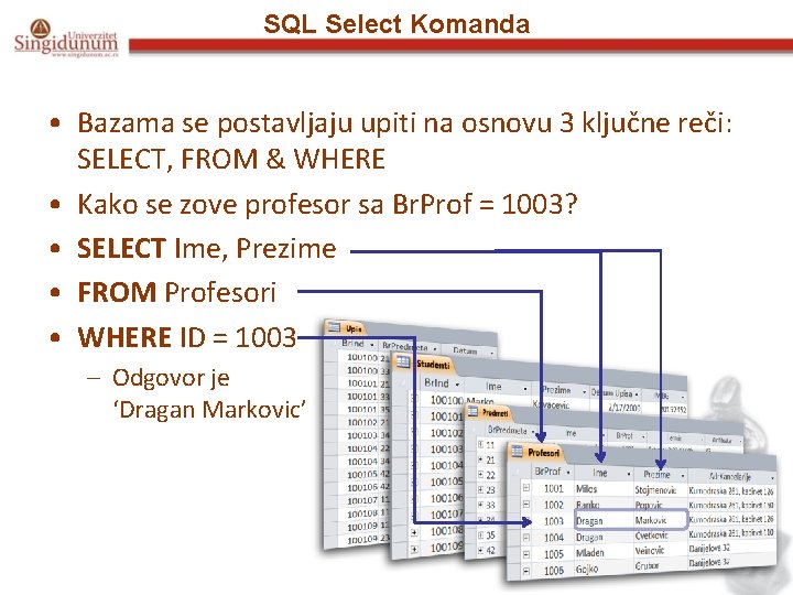 SQL Select Komanda • Bazama se postavljaju upiti na osnovu 3 ključne reči: SELECT,