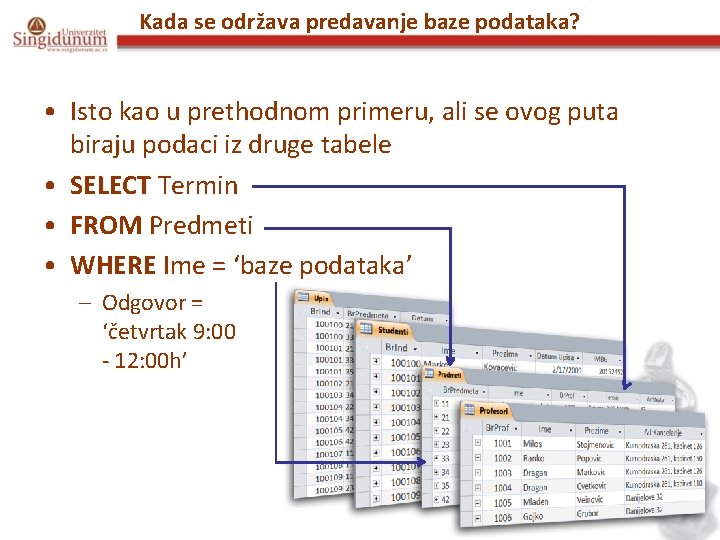 Kada se održava predavanje baze podataka? • Isto kao u prethodnom primeru, ali se