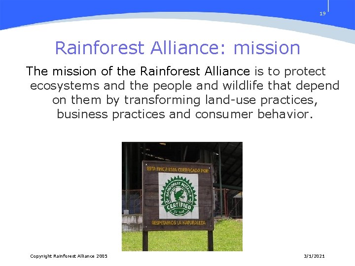 19 Rainforest Alliance: mission The mission of the Rainforest Alliance is to protect ecosystems