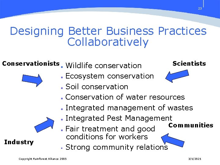 23 Designing Better Business Practices Collaboratively Conservationists n Wildlife conservation Scientists Ecosystem conservation Soil