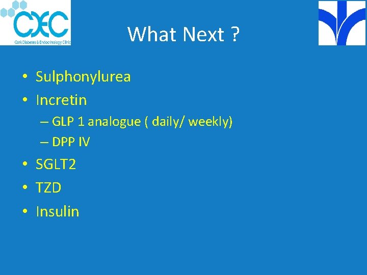 What Next ? • Sulphonylurea • Incretin – GLP 1 analogue ( daily/ weekly)