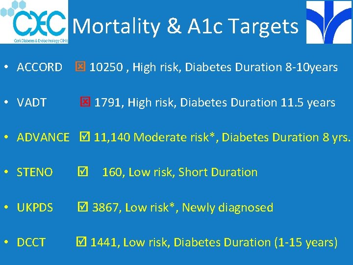 Mortality & A 1 c Targets • ACCORD 10250 , High risk, Diabetes Duration