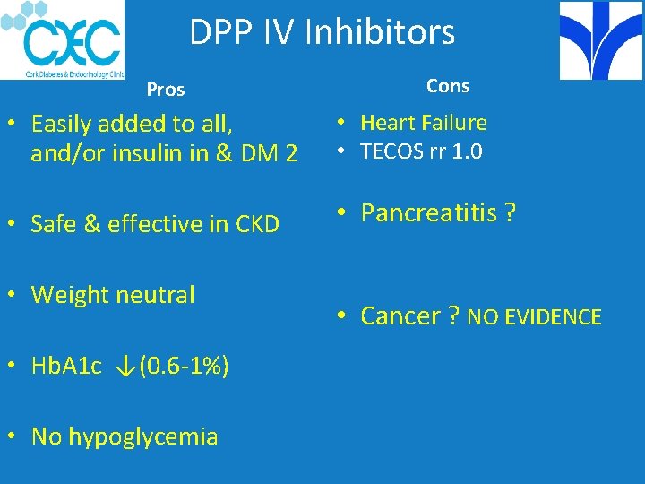 DPP IV Inhibitors Pros Cons • Easily added to all, and/or insulin in &