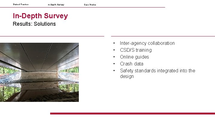 State of Practice In-Depth Survey Case Studies In-Depth Survey Results: Solutions • • •