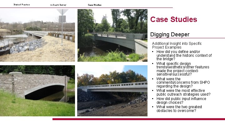 State of Practice In-Depth Survey Case Studies Digging Deeper Additional Insight into Specific Project