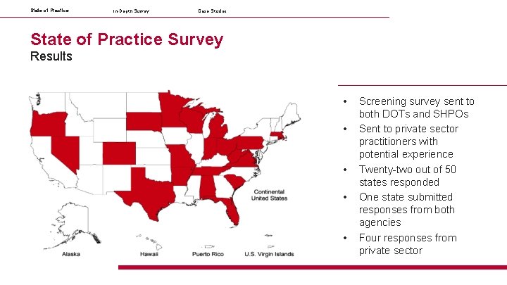 State of Practice In-Depth Survey Case Studies State of Practice Survey Results • •